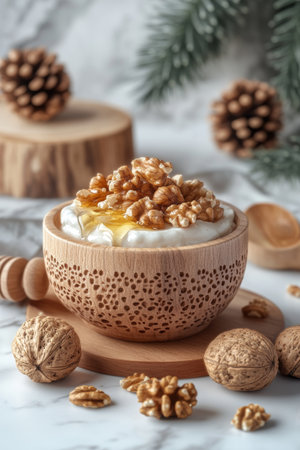 Wooden Bowl of Yogurt with Honey Drizzle , Walnuts and Pine Cones for Festive Holiday Breakfastの素材