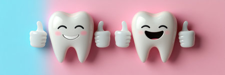 Happy, Healthy, and Clean Two Cartoon Teeth Giving Thumbs Up on Pink and Blue Backgroundの素材