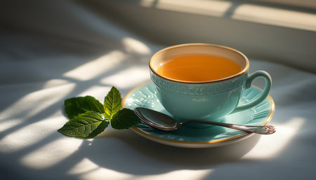 Aromatic Cup of Herbal Tea with Fresh Mint, Bathed in Sunlight and Shadows on a Cozy Morningの素材