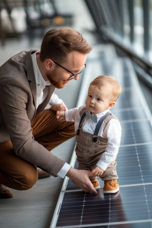 Father And Son Exploring Green Energy On Sunny Day Family Bond Over Solar Panel Technologyの素材