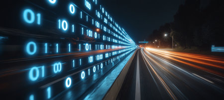 Fast Data Flow On The Night Road, Abstract Technology Background With Binary Code And Light Trails.の素材