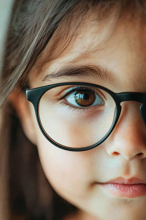 Close-up Of A Childs Face With Glasses, Big Brown Eyes, Expressing Curiosity, And A Sense Of Wonderの素材