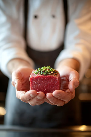 Chef Hands Presenting Premium Raw Steak Garnished with Fresh Herbs, Fine Dining Conceptの素材