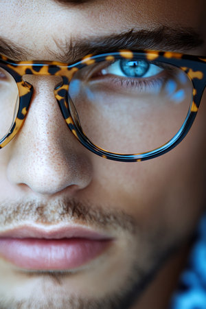 Fashionable Male Close Up, With Stubble, Sporting Trendy Tortoiseshell Eyeglasses, Intense Gaze.の素材