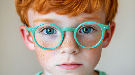Curious Boy with Freckles and Green Glasses, Close-Up Portrait with a Gentle, Thoughtful Expressionの素材