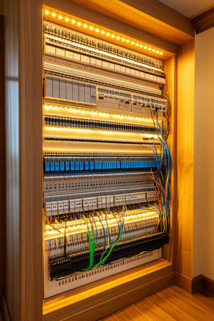 Modern Home Electrical Panel Neatly Organized with Illuminated Circuit Breakers and Wiresの素材