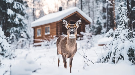 Winter Wonderland Noble Deer Graces Snow Covered Forest with Cabin, Finnish Lapland.の素材
