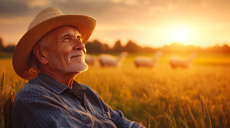 Golden Hour Serenity Senior Farmer Reflects on Life Amidst a Llama Pasture at Sunsetの素材