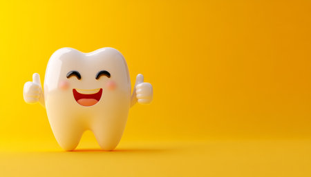 Happy 3D Tooth Giving Thumbs Up on Yellow Background Concept for Dental Care and Hygieneの素材