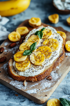 Healthy Breakfast Banana Toast with Cream Cheese, Chia Seeds, and Nuts on Rustic Wooden Boardの素材