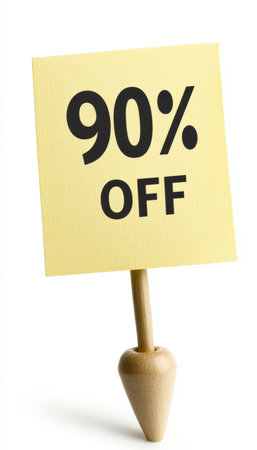 Studio Shot of an Elegant Ivory Note Displaying 90 off,  Isolated on White, Ideal for Marketing,の素材