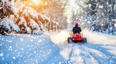 Man Operating Red Snow Blower, Clearing Snowy Path Through Forest in Winter Wonderland.の素材
