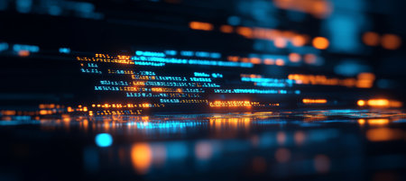 Glowing Blue and Orange Computer Code on a Black Background, Digital Technology Conceptの素材