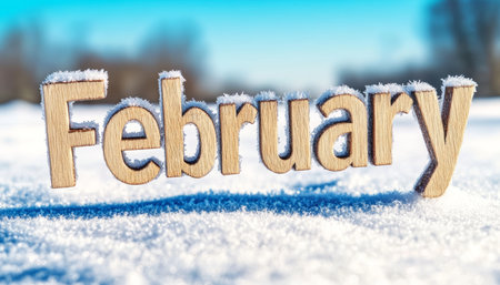 February Wooden Letters On Snowy Surface With Sparkling Snow And Blurred Wintertime Landscapeの素材