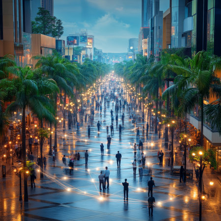 Modern City Street at Twilight with Pedestrians, Palm Trees, and Illuminated Buildingsの素材