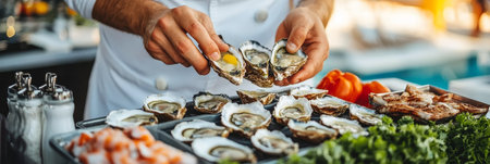 Chef Preparing Fresh Oysters with Lemon, showcasing culinary skills and fresh seafoodの素材