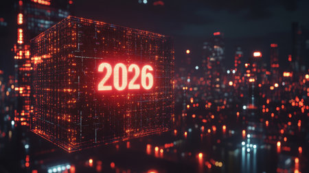 Futuristic City Illuminated by Glowing Cube With 2026, Symbolizing Technological Advancementの素材