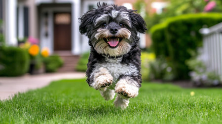 Happy Dog, Outdoor Playtime Adorable Pup Leaps Joyfully Across Lush Green Lawn in Summer Sunshineの素材