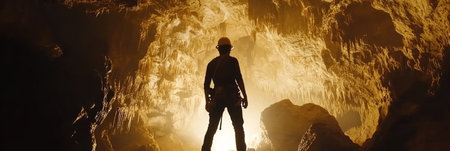 Silhouetted Explorer Stands in a Large Cave with Golden Light, Adventure and Exploration Conceptの素材