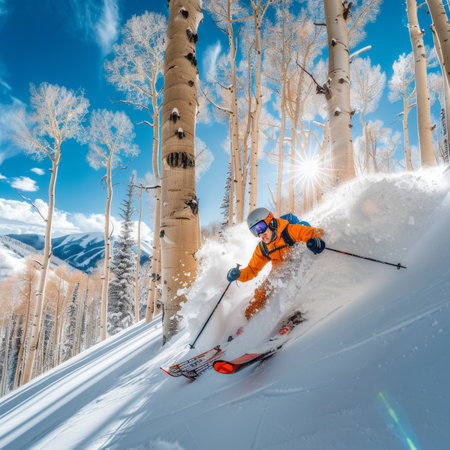 Winter Paradise Skier Carving Through Fresh Powder Amidst a Sun-Dappled Aspen Grove.の素材