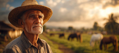 Wrinkled Face, Wise Eyes. Senior Farmer Surveys His Land as Horses Graze at Golden Hour.の素材