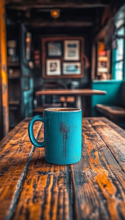 Steaming Blue Coffee Mug on Rustic Wooden Table in Cozy Cafe, perfect for cafe and beverage themes.の素材