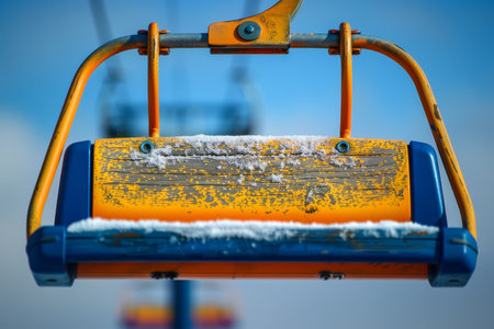 Empty Ski Lift Chair Covered in Snow, Awaiting Skiers on a Sunny Winter Day at a Mountain Resortの素材