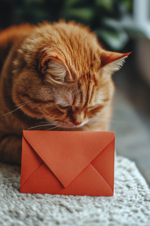Curious Red-Haired Cat and Red Envelope on Blurred Background, Close Up View with Copy Spaceの素材