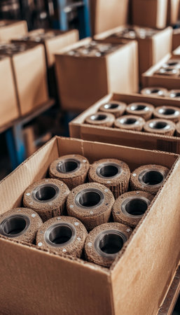 Precision Engineering Open Cardboard Boxes Filled with Radial Ball Bearings of Various Sizesの素材