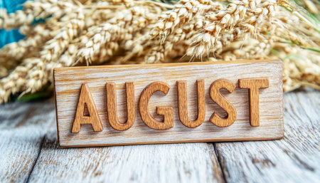August Harvest Rustic Wooden Sign with a Bouquet of Wheat on a Timeworn Wooden Tableの素材