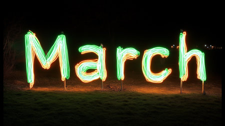 March Glowing Neon Sign Celebrating Spring Arrival. Green Yellow Neon Lettering Brightening Darkの素材