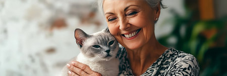 Senior woman with a cat. Happy elderly lady, radiating joy, cuddles her beloved feline companion.の素材