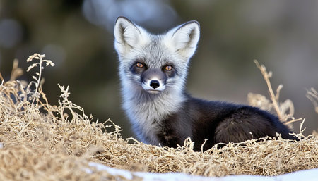 Curious Arctic Fox with Unique Silver Coat Pauses in Winter Landscape, Gazing with Alertnessの素材