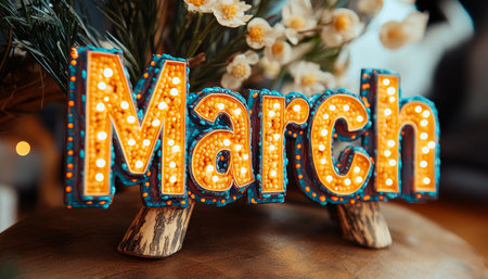 Hello, March. Lighted March Sign With Flowers Symbolizing Spring Arrival and New Beginnings.の素材