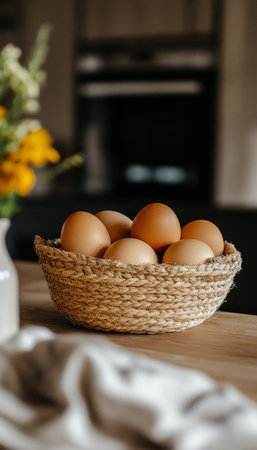 Farm Fresh Brown Eggs in a Woven Basket on a Rustic Kitchen Counter, Ready for Bakingの素材