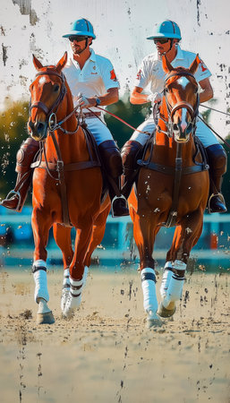 Horses and Riders Compete in a Thrilling Polo Match, Displaying Sportsmanship and Skill.の素材