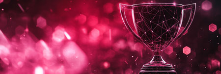 Digital Award Trophy on Red Technology Background, Success Symbol in Lines, Dots, Trianglesの素材