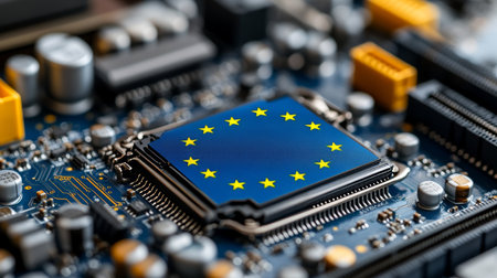Digital Europe CPU With EU Flag Represents Technology, Innovation, And Data Integrationの素材