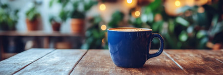 A Blue Coffee Cup Sits on a Rustic Wooden Table, Set Against a Blurred Indoor Garden Backgroundの素材