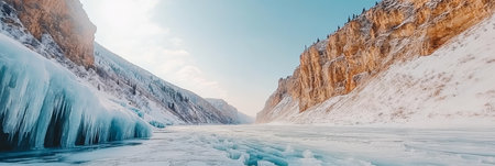 Winter Fairy Tale Majestic Mountains and a Frozen Lake Reflecting the Blue Sky on a Sunny Dayの素材