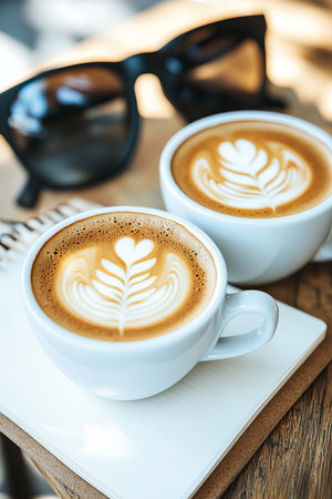 Two Cappuccinos with Latte Art and Sketchbook on Rustic Table, Coffee Break Inspirationの素材