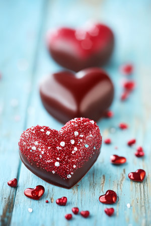 Three Valentines Day Chocolate Hearts Background, Sweet Treat on Rustic Wood with Red Sprinklesの素材