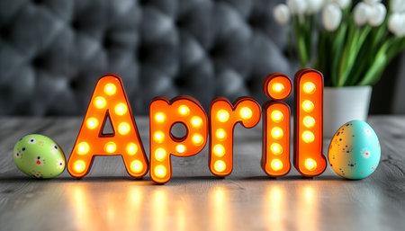 April Marquee Sign with Colorful Easter Eggs on a Wooden Tabletop for Spring Holiday Decorationの素材