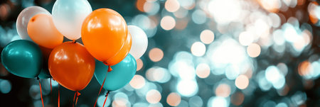 Orange, Teal Balloons on Celebration Blurred Background with Bokeh. Festive Party Decoration.の素材