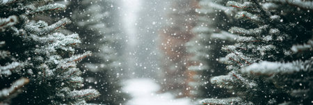 Snowy Christmas Tree Forest, Beautiful White Winter Wonderland With Pathway And Soft Bokehの素材