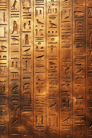 Ancient Egyptian Script A Copper Wall Adorned with Detailed Hieroglyphs and Carvings, Egypt.の素材
