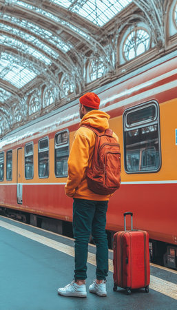 Young Traveler with Backpack and Suitcase Awaits Train Departure at Historic Station Platformの素材