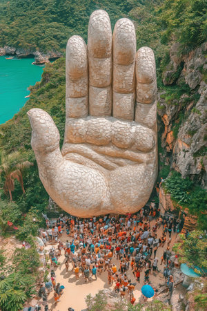 Giant Stone Hand Sculpture Attracting Crowds Of Tourists, A Popular Travel Destination Landmarkの素材