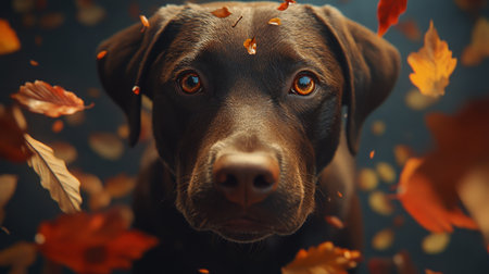 Autumn Majesty Striking Portrait of a Chocolate Labrador Retriever Amidst Falling Leaves.の素材