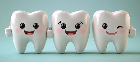 3D Realistic Happy Teeth with Thumbs Up, on Blue Background for Dental Care Concept.の素材